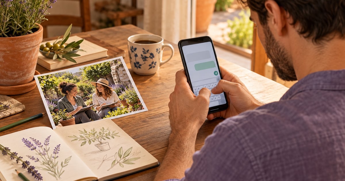 Un bărbat scrie pe telefon lângă un caiet cu plante desenate și o fotografie cu două persoane la un atelier în grădină.