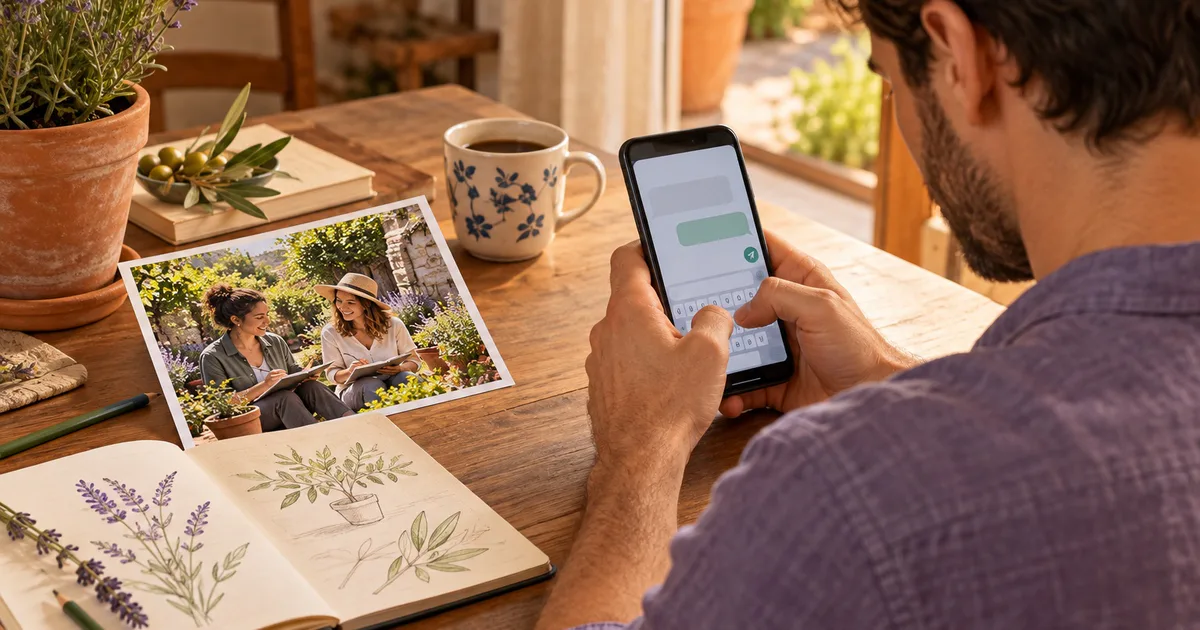 Un bărbat scrie pe telefon lângă un caiet cu plante desenate și o fotografie cu două persoane la un atelier în grădină.