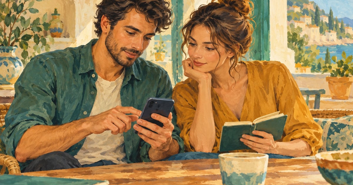 Două persoane verifică un contact pe un telefon și un carnețel, fără cifre sau date personale lizibile.