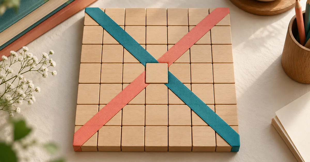 Două panglici traversează diagonal o grilă pătratică de piese din lemn.