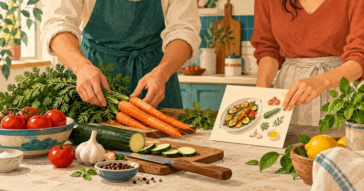 Două persoane pregătesc legume în bucătărie folosind o rețetă ilustrată.