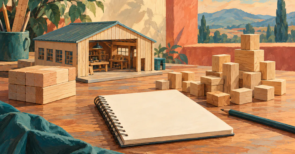 Clădire de atelier și grupuri de materiale, ilustrație conceptuală pentru costuri.
