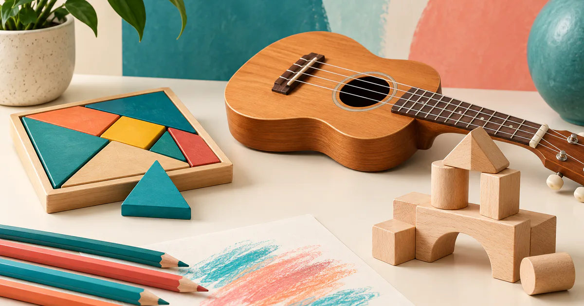 Puzzle, instrument muzical și machetă pe un birou, ca metaforă pentru aptitudini.