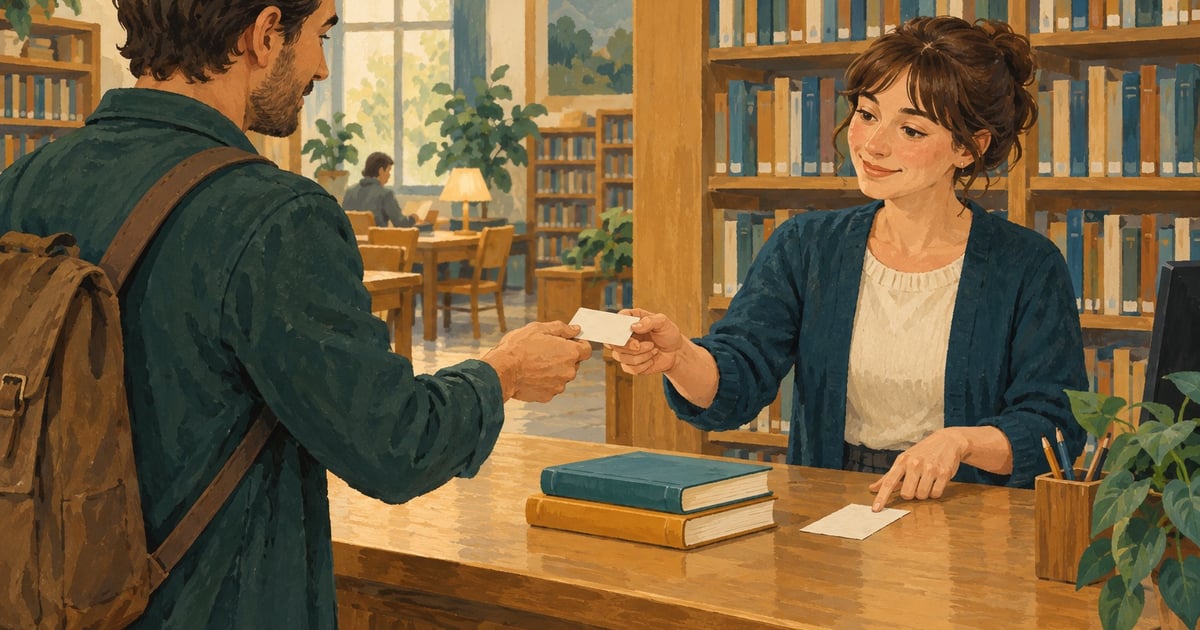 Un cititor prezintă permisul la bibliotecă, lângă două cărți și o hârtie pe care bibliotecara notează data returnării.