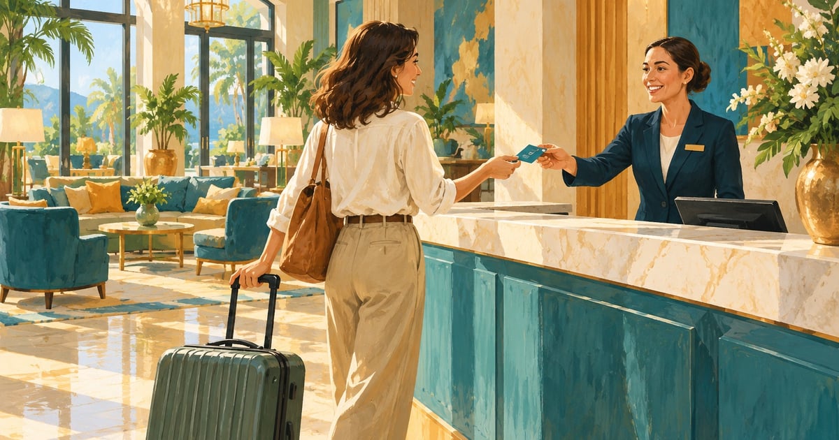 Un oaspete cu valiză primește o cartelă de la recepția unui hotel luminos, fără numere sau logo-uri vizibile.