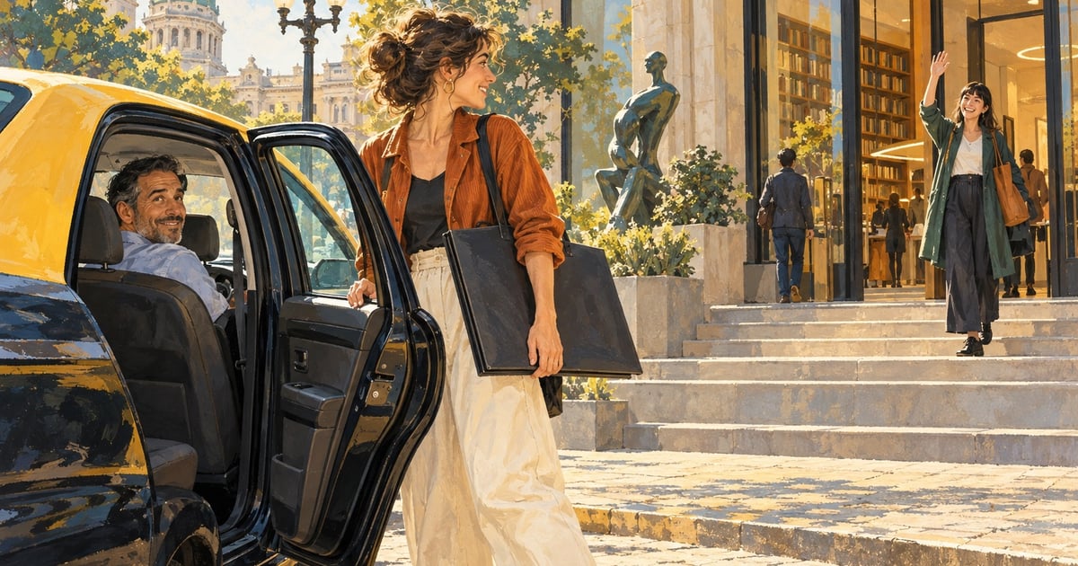 O femeie cu o mapă de desene ajunge cu taxiul la intrarea unui centru cultural, unde o așteaptă o prietenă.