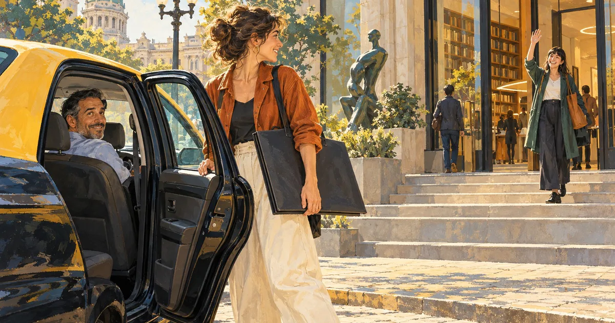 O femeie cu o mapă de desene ajunge cu taxiul la intrarea unui centru cultural, unde o așteaptă o prietenă.