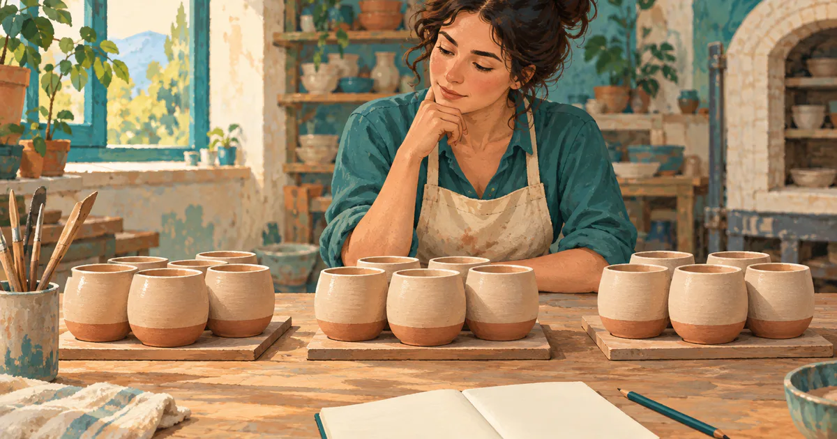 O persoană compară loturi de ceramică într-un atelier, metaforă pentru alegerea producției.