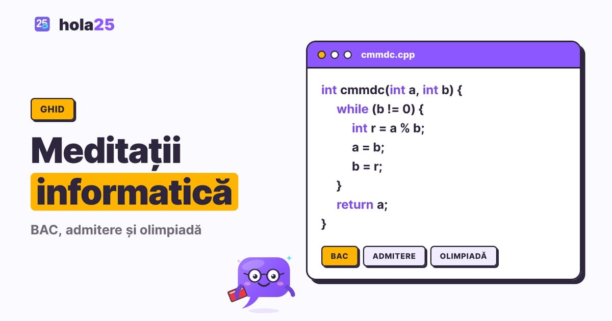 Fereastră de editor cu algoritmul lui Euclid scris în C++, pentru BAC, admitere și olimpiadă