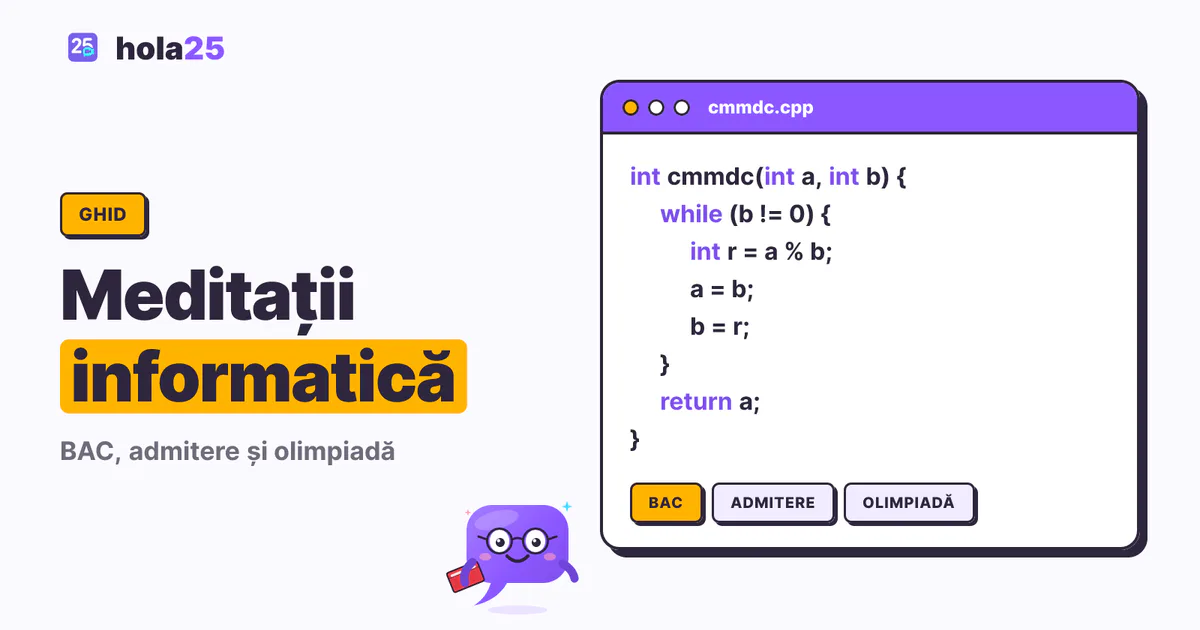 Fereastră de editor cu algoritmul lui Euclid scris în C++, pentru BAC, admitere și olimpiadă