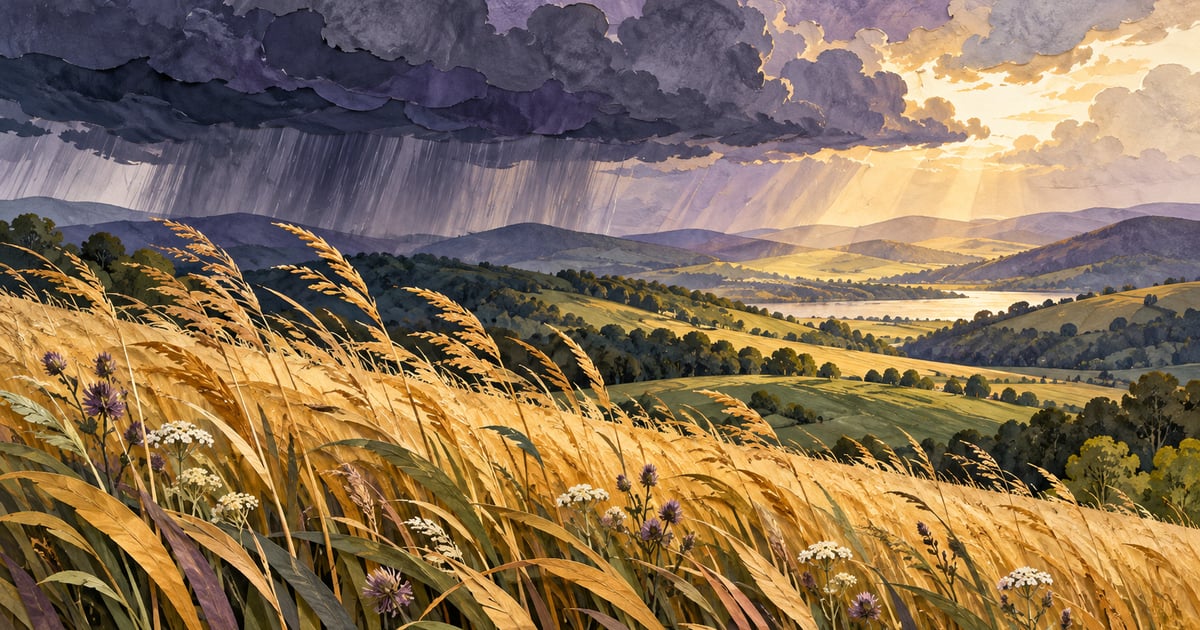 Ilustrație conceptuală cu ierburi în bătaia vântului și nori de ploaie deasupra unor dealuri.