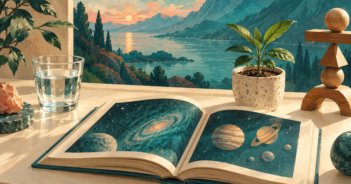 Un pahar, o carte despre astronomie și o structură din lemn, ilustrând conceptual componente ale motivației.