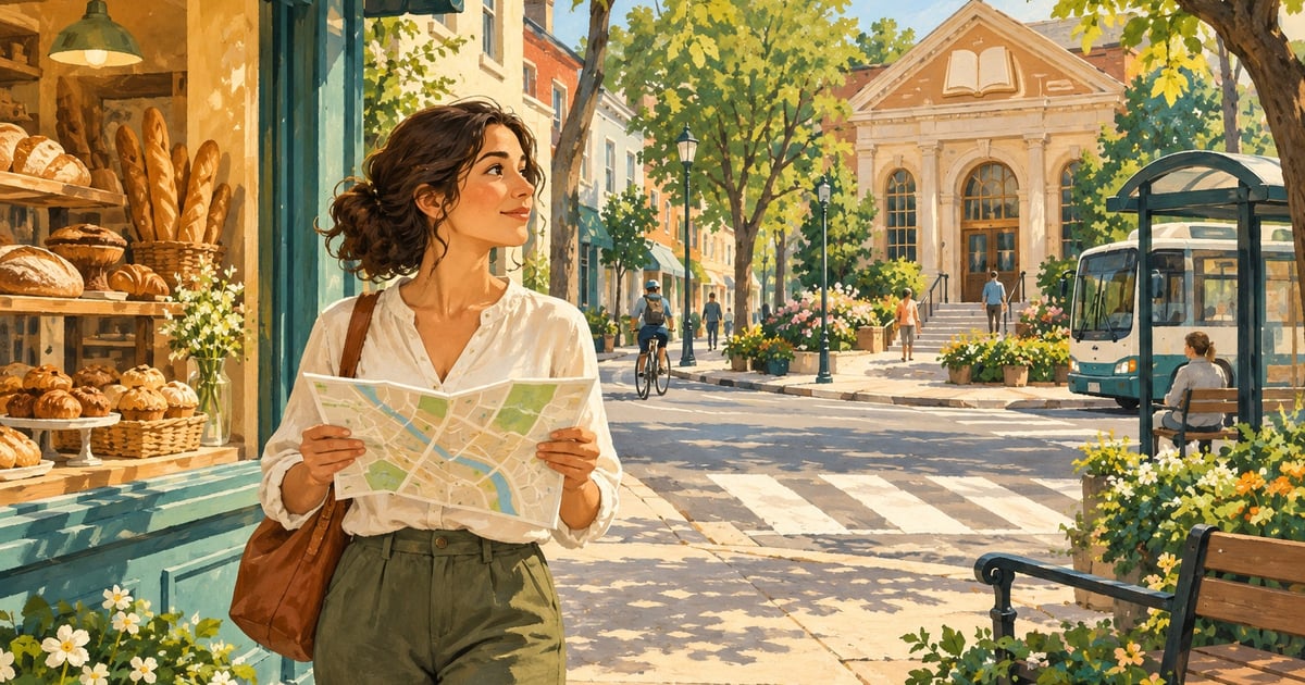 O femeie explorează un cartier cu brutărie, bibliotecă peste drum și stație de autobuz la colț, ținând o hartă simplă.