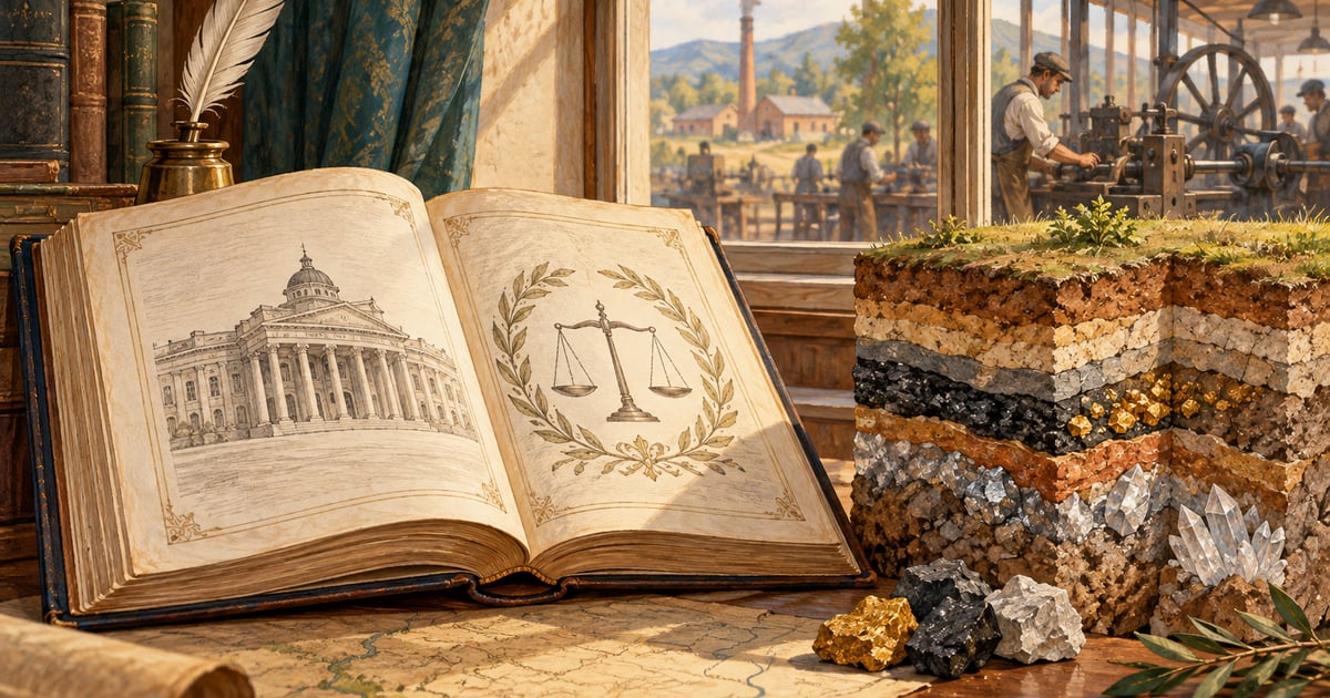 Un volum constituțional, o secțiune de sol și un atelier evocă proprietatea și rolul economic al statului.