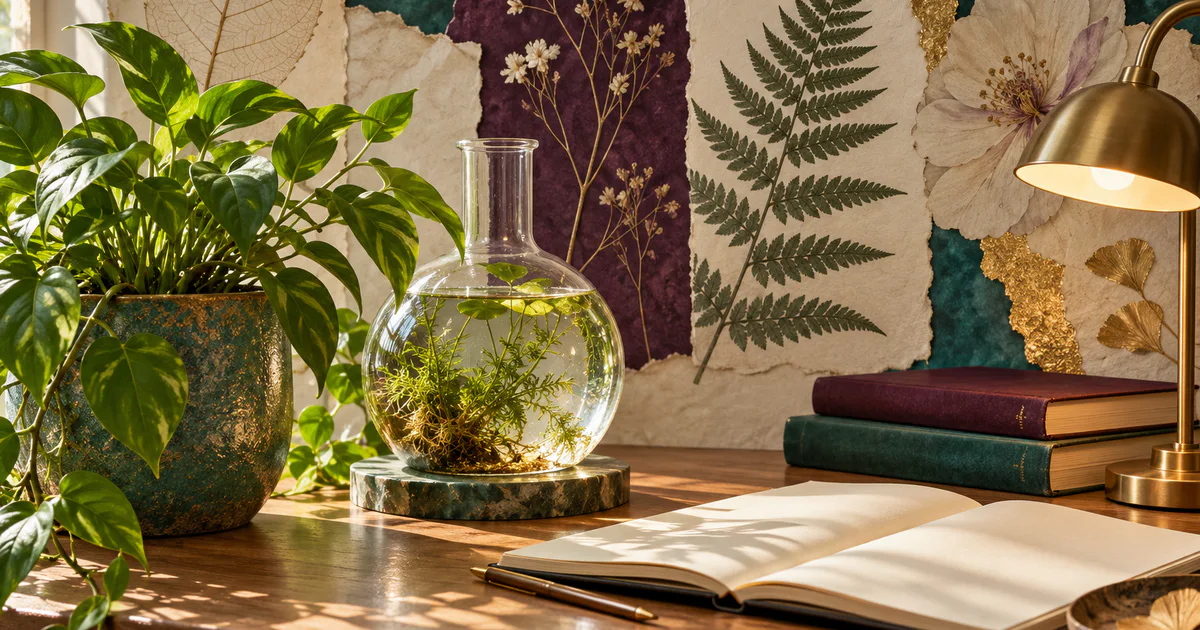 O plantă verde, un vas cu plantă acvatică și o lampă sugerează studiul fotosintezei.