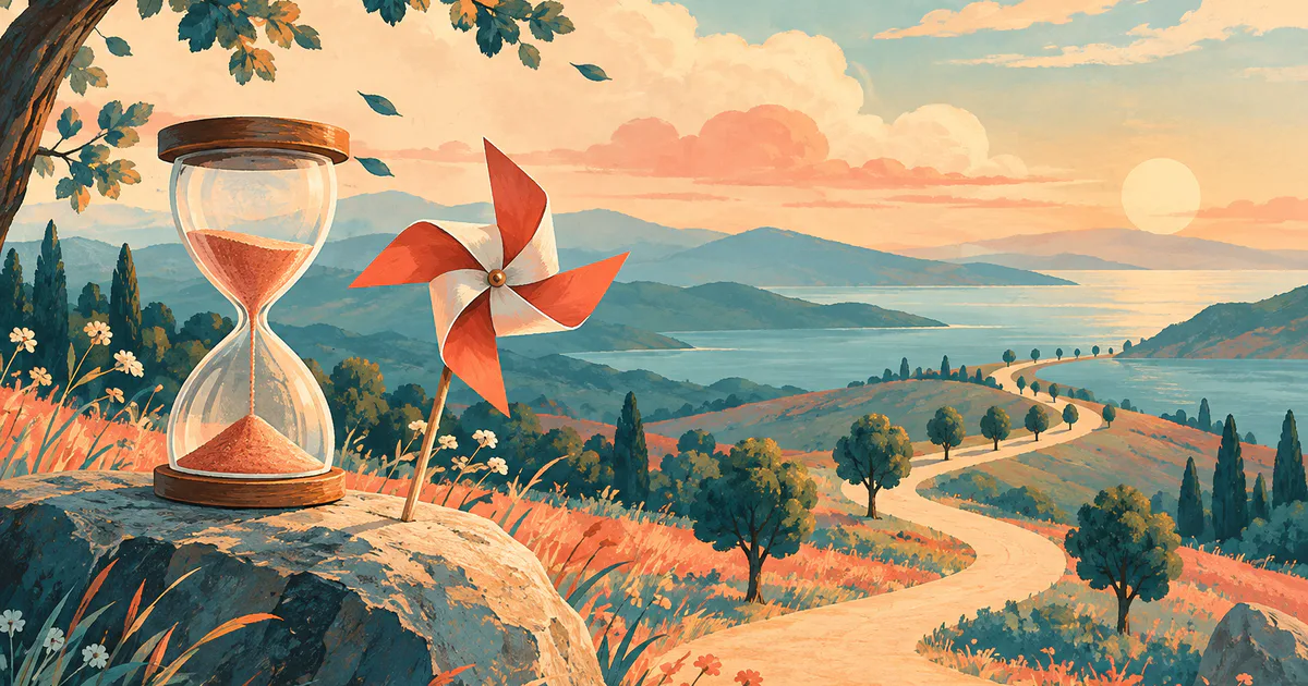 Un drum cu arbori în perspectivă, o clepsidră și o morișcă, ilustrând conceptual spațiul, timpul și mișcarea.