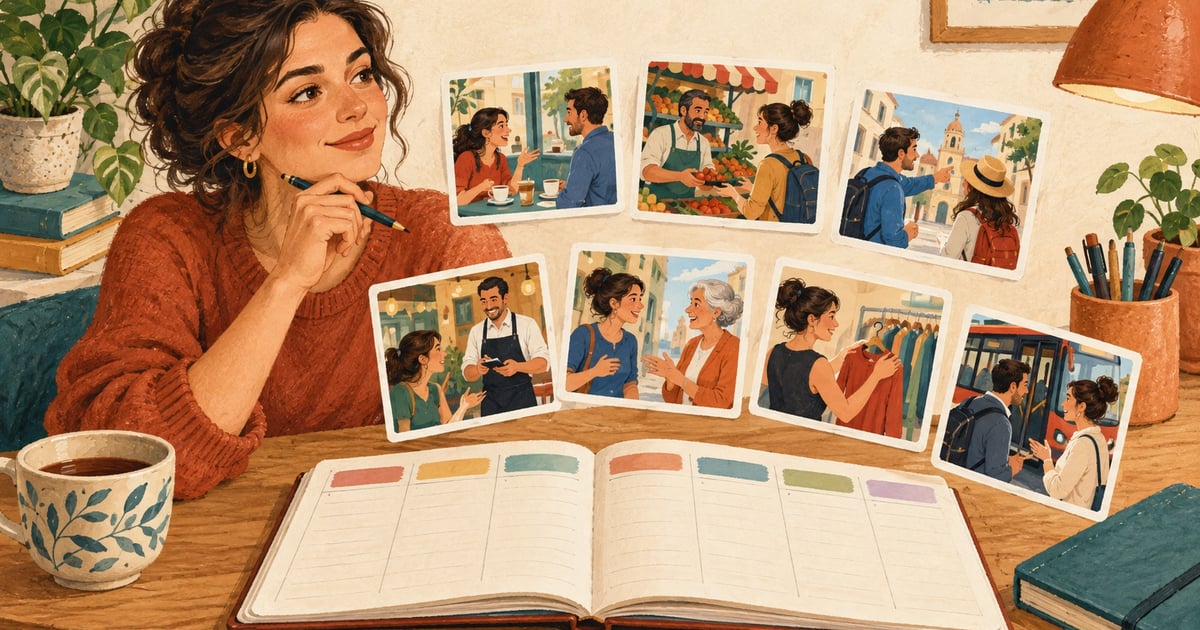O cursantă privește un jurnal săptămânal și șapte imagini cu situații cotidiene de conversație.