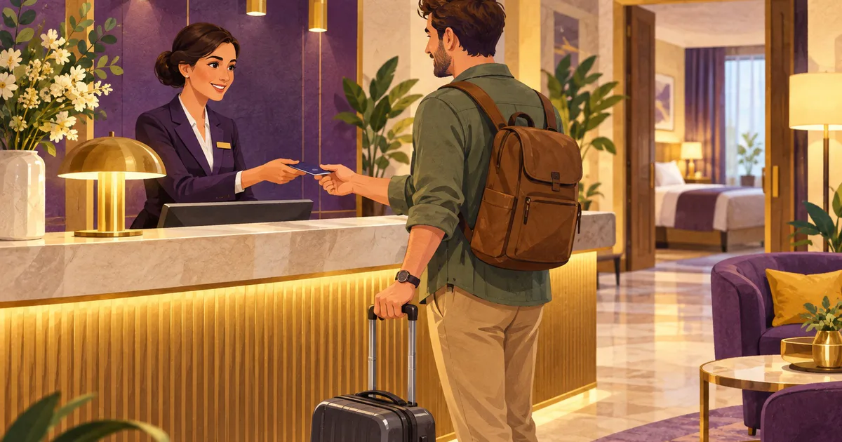 Un călător cu valiză și rucsac primește cheia la recepția unui hotel.