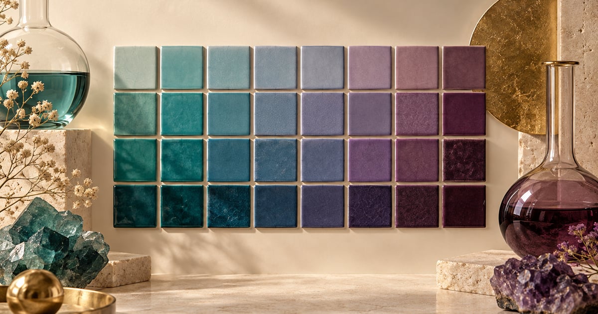 Plăci ceramice colorate într-o grilă abstractă, metaforă pentru variația proprietăților periodice.