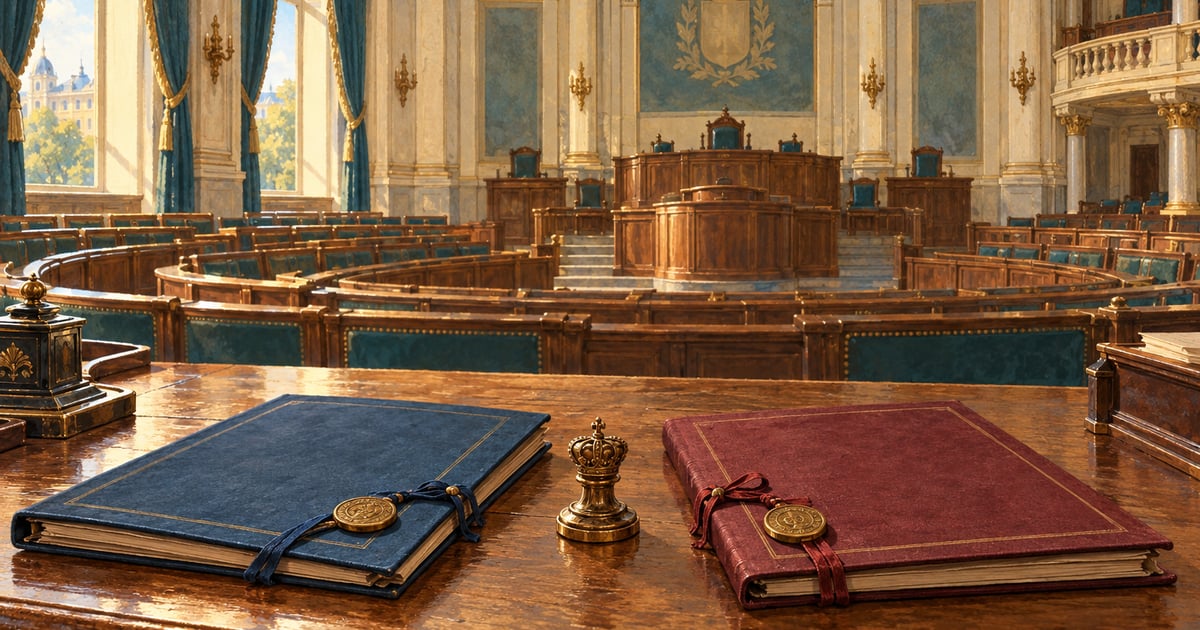 O sală parlamentară și două programe politice evocă alternanța liberalilor și conservatorilor.