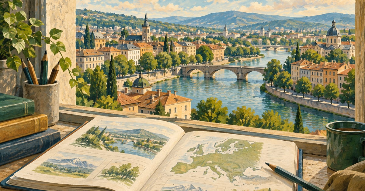Un caiet de geografie și un oraș european imaginar evocă învățarea capitalelor.