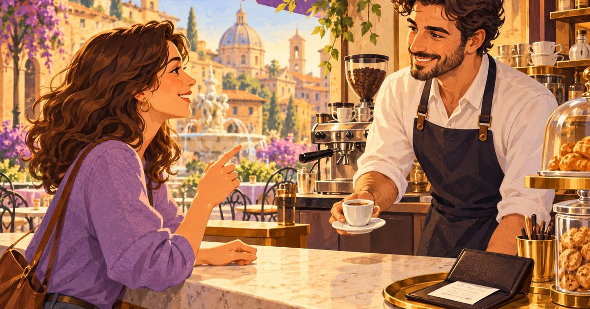 O clientă comandă o băutură la tejgheaua unei cafenele, în fața unui angajat.