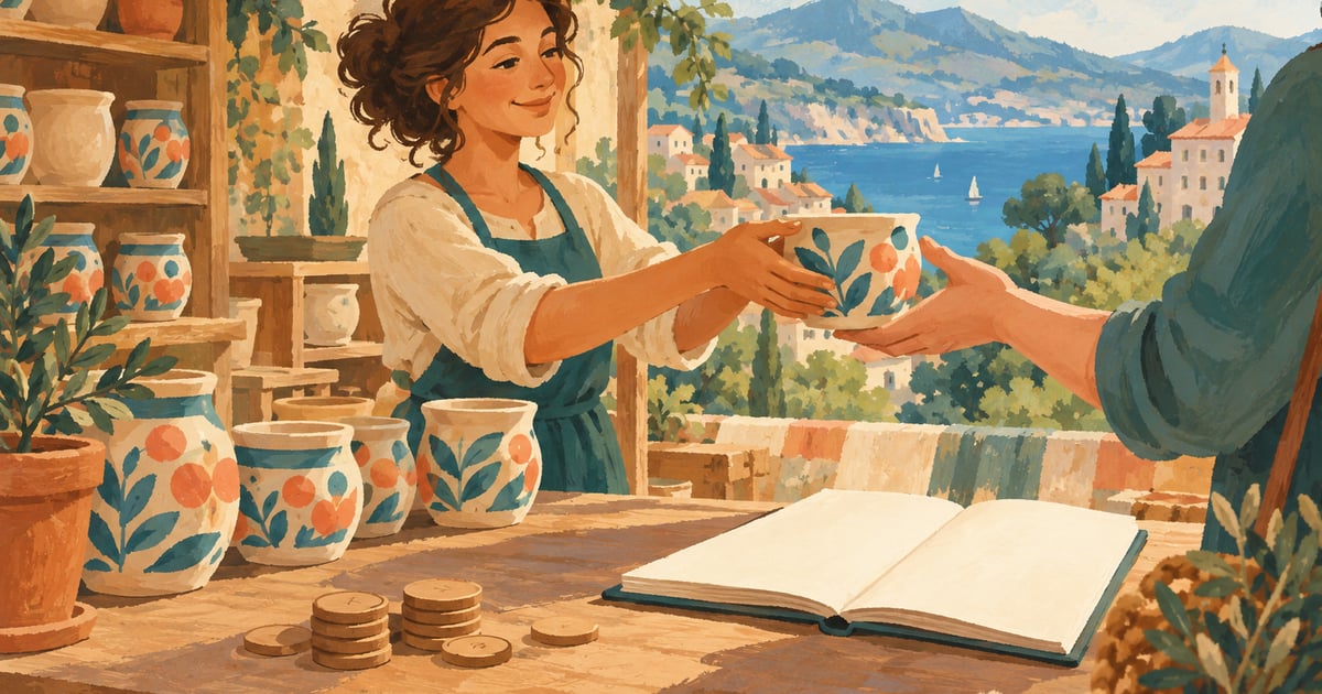 Vânzare de obiecte ceramice și caiet, ilustrație conceptuală despre venituri.