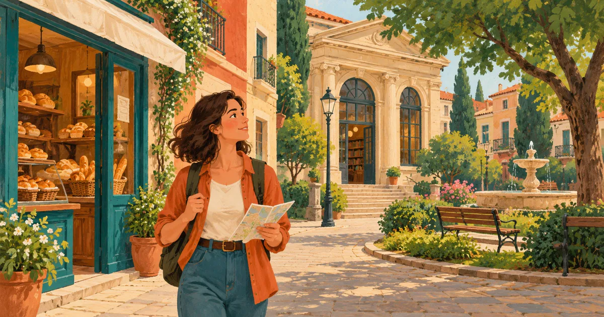 O femeie consultă o hartă într-un cartier cu brutărie, bibliotecă și parc.