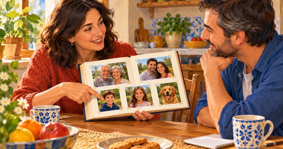 O cursantă arată unui partener un album cu portrete de familie.