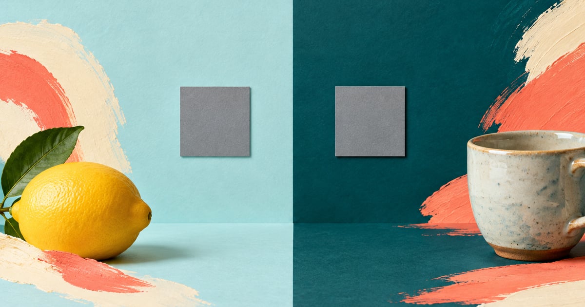 Două pătrate gri pe fundaluri diferite, lângă o lămâie și o ceașcă, într-o ilustrație conceptuală.