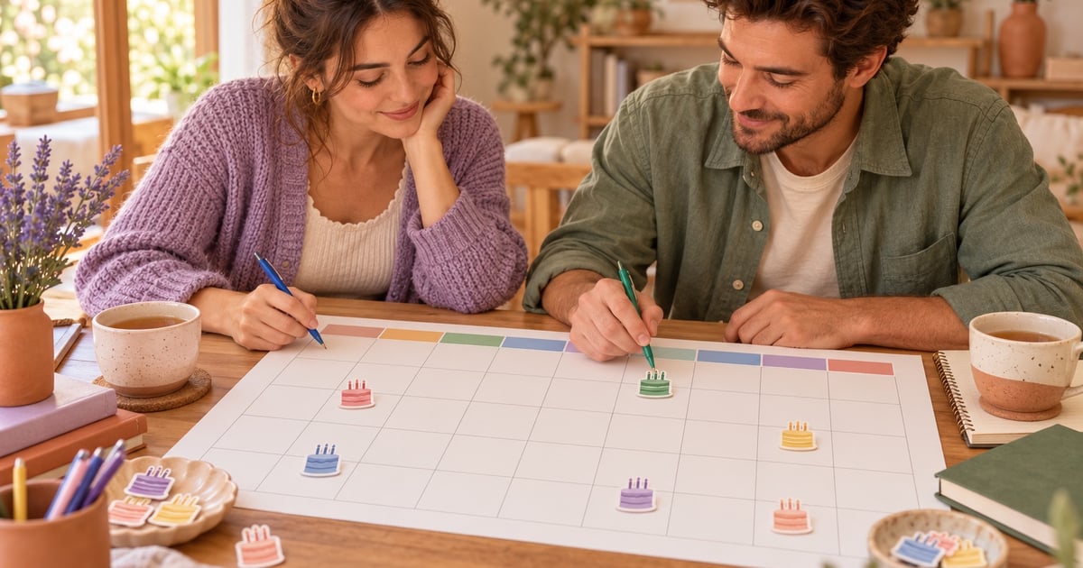 Doi cursanți completează împreună un calendar aniversar, folosind pixuri albastru și verde.