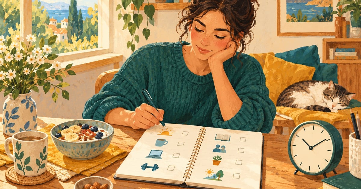 Un adult își organizează ziua la o masă cu un ceas analogic și pictograme de activități, fără text.