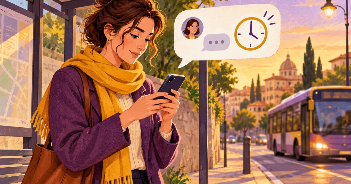 O femeie scrie un mesaj pe telefon în apropierea unei stații de tramvai.
