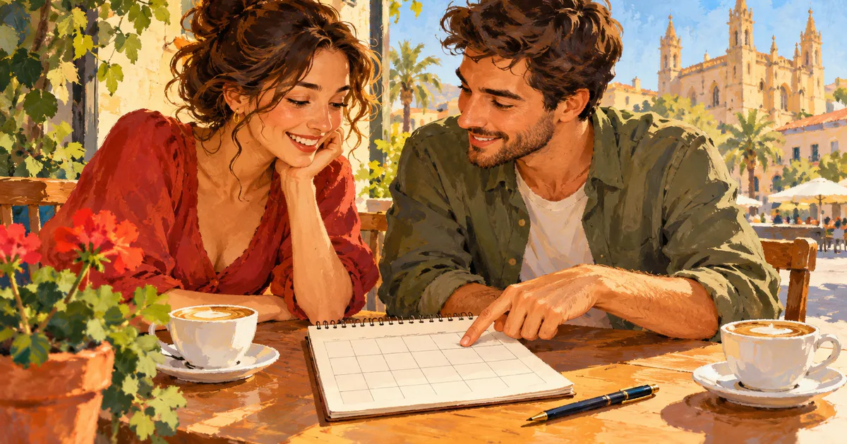 Doi cursanți privesc un calendar fără text și discută despre o întâlnire.