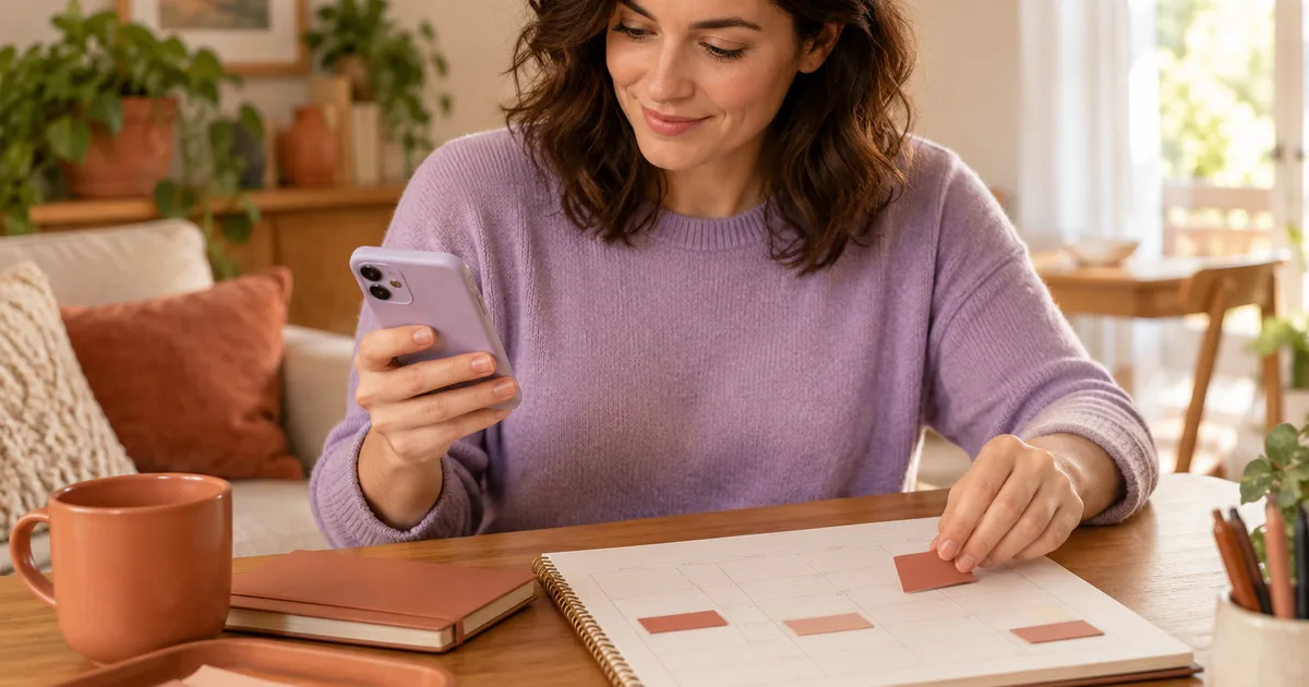 O femeie privește telefonul și mută un cartonaș pe calendarul așezat pe birou.