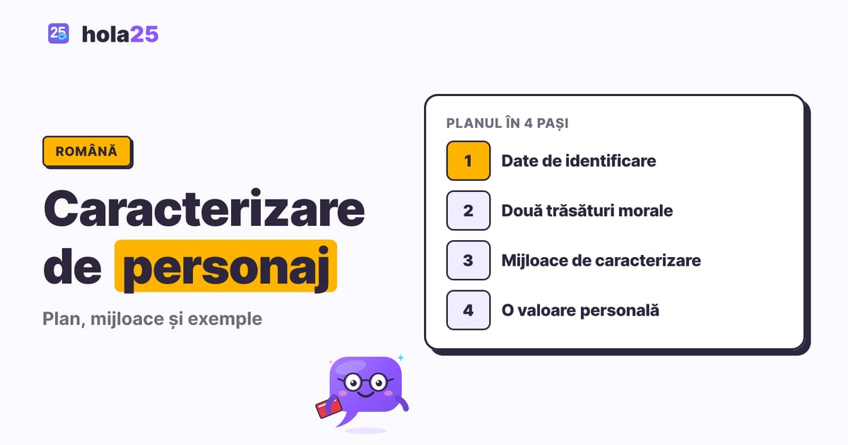 Planul unei caracterizări de personaj în patru pași: date de identificare, două trăsături morale, mijloace de caracterizare și o valoare personală