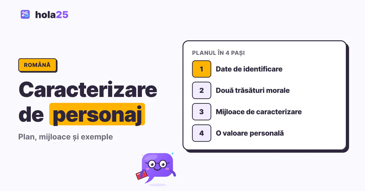 Planul unei caracterizări de personaj în patru pași: date de identificare, două trăsături morale, mijloace de caracterizare și o valoare personală