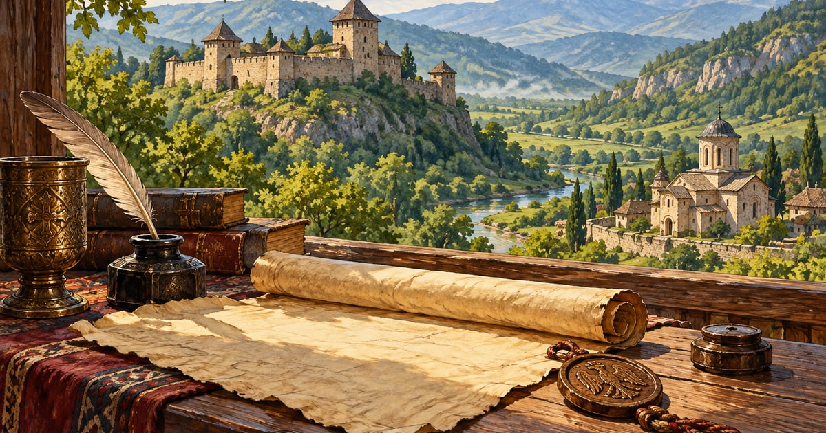 Un pergament, o fortificație și o biserică evocă instituțiile Țării Românești medievale.