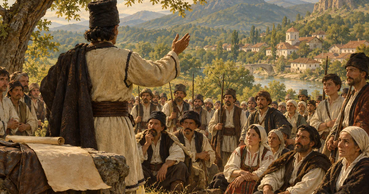 Panduri și locuitori adunați într-un peisaj oltenesc evocă mobilizarea politică din 1821.
