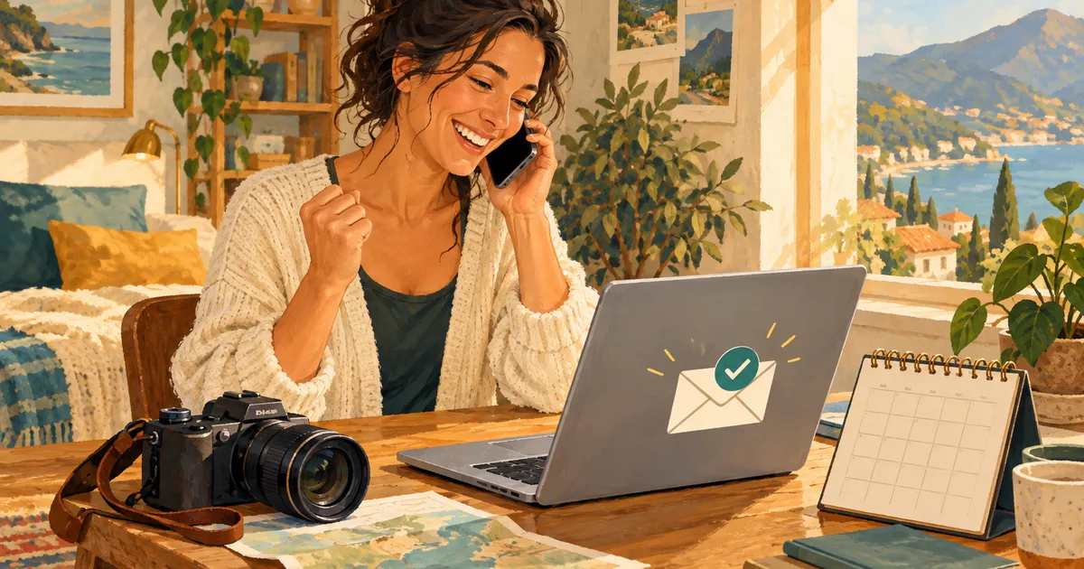 O femeie zâmbește la primirea unei confirmări pe laptop și vorbește la telefon, lângă un aparat foto și un calendar.