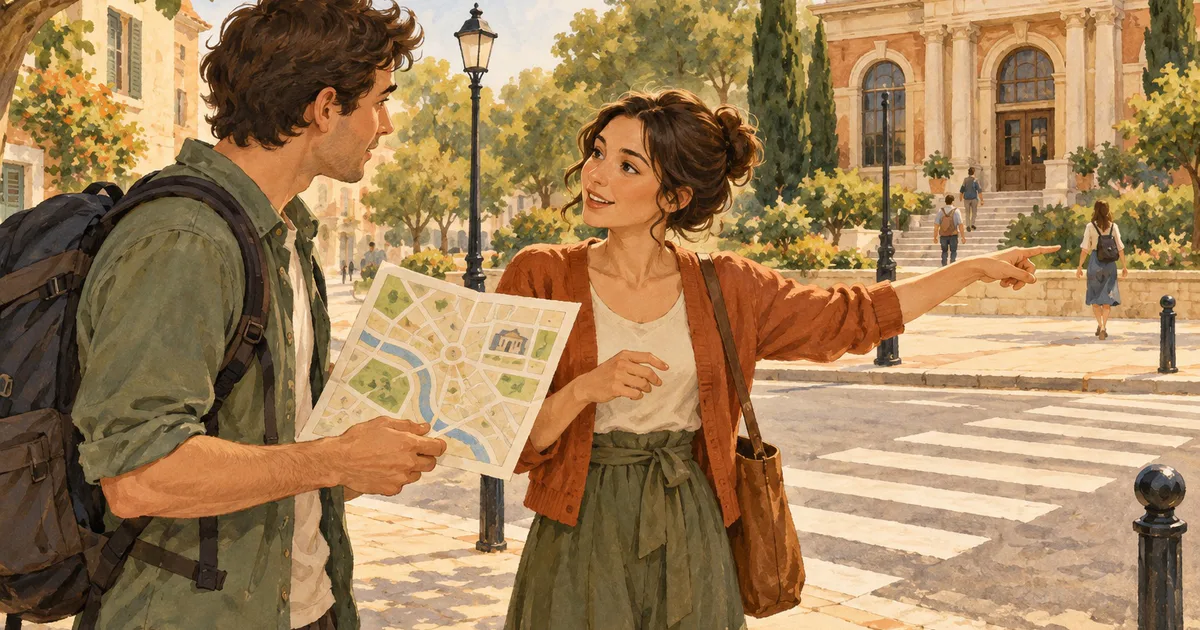 Un turist și o localnică discută lângă o intersecție pietonală, cu o hartă simplă și o bibliotecă în fundal.