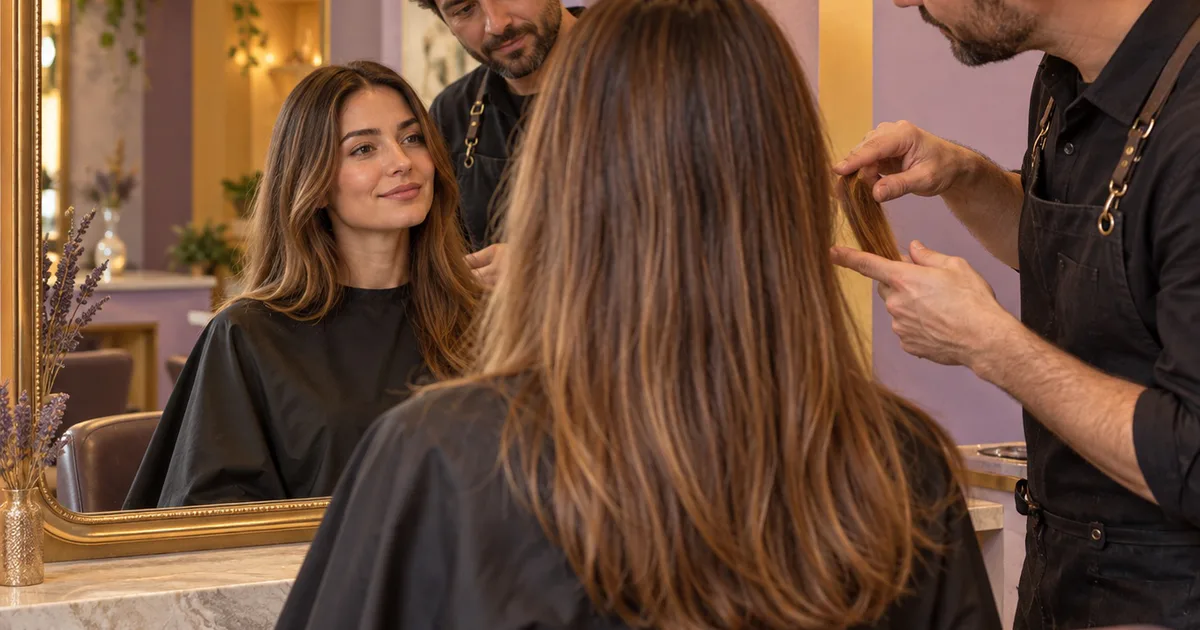 O clientă și frizerul discută în oglindă lungimea vârfurilor înainte de tuns.