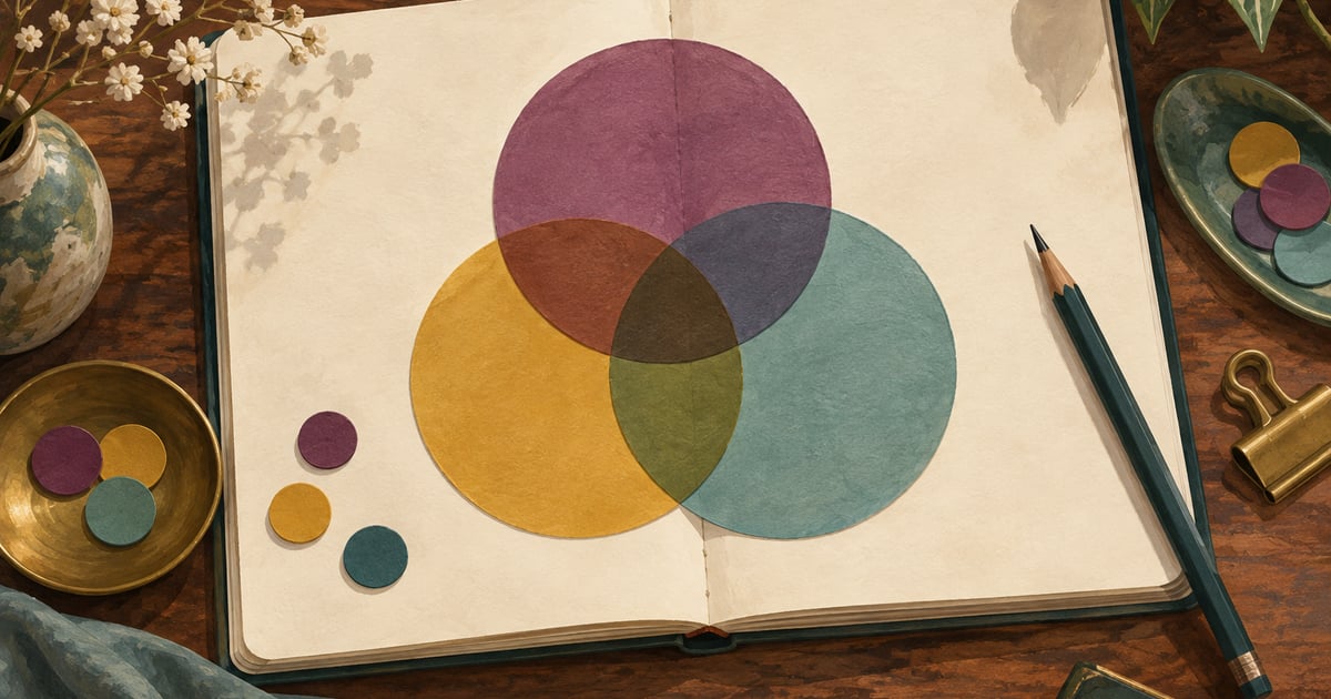 Trei discuri translucide suprapuse pe un caiet, într-o ilustrație conceptuală despre diagramele Venn.