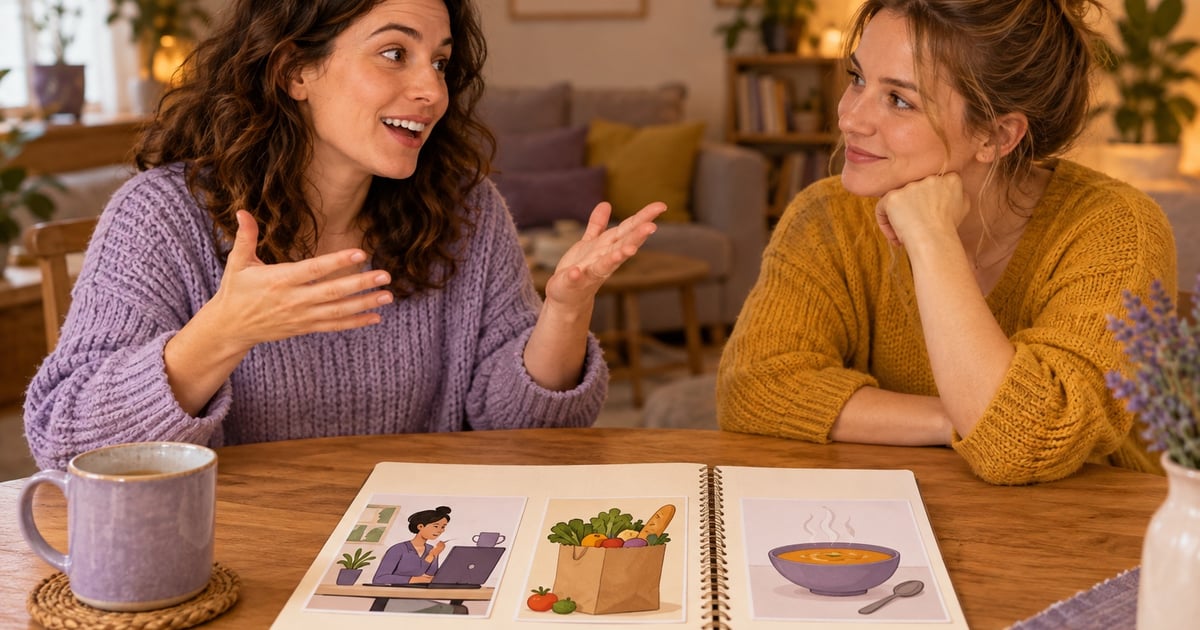Două femei discută la o masă cu un caiet și cartonașe ilustrând munca, cumpărăturile și o supă.