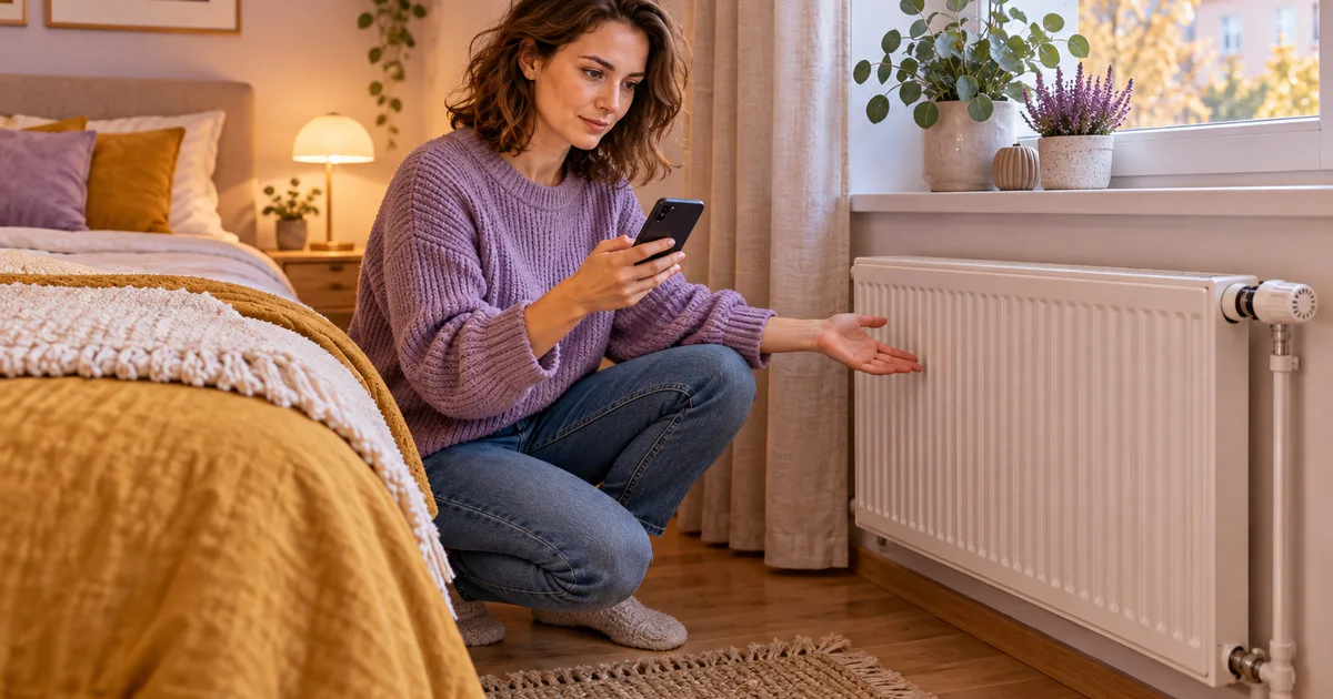 O femeie ține telefonul lângă caloriferul din dormitor și indică instalația în timp ce pregătește un mesaj.