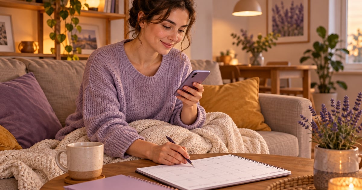 O femeie așezată pe canapea scrie un mesaj pe telefon și consultă un calendar lângă caietul de studiu.