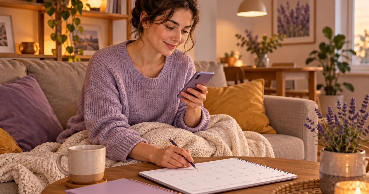 O femeie așezată pe canapea scrie un mesaj pe telefon și consultă un calendar lângă caietul de studiu.