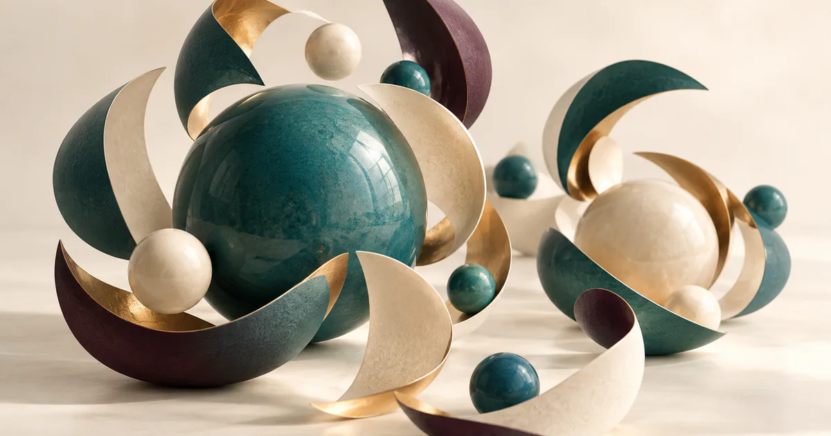 Sfere ceramice și forme de hârtie, reprezentare artistică a particulelor înconjurate de solvent.