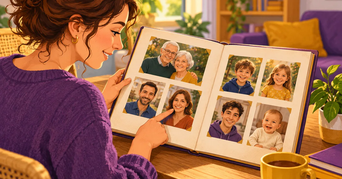 O femeie răsfoiește un album cu fotografii de familie la birou.