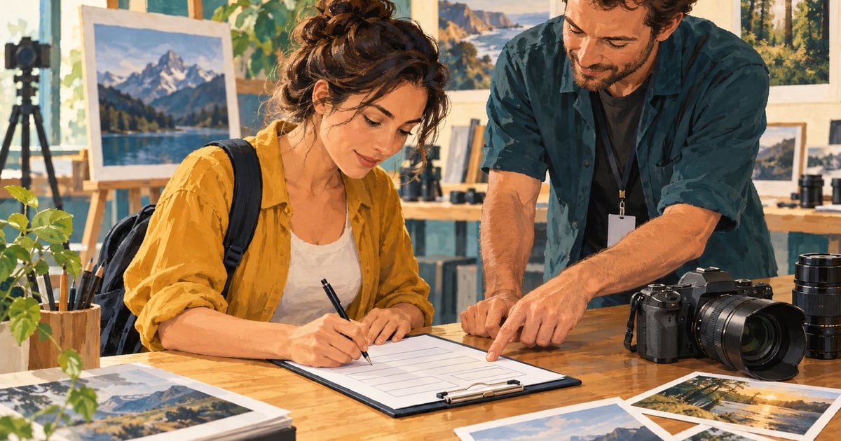O femeie completează fișa pentru un atelier de fotografie, iar un angajat îi explică un câmp al formularului.